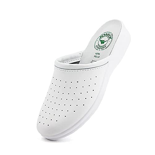 JOMIX Chanclas sanitarias para mujer y hombre, anatómicas, con zócalos, sanitarios, fabricadas en Italia, plantilla de piel auténtica, 07 Blanco, 40 EU