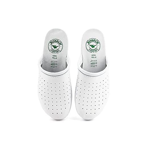JOMIX Chanclas sanitarias para mujer y hombre, anatómicas, con zócalos, sanitarios, fabricadas en Italia, plantilla de piel auténtica, 07 Blanco, 40 EU