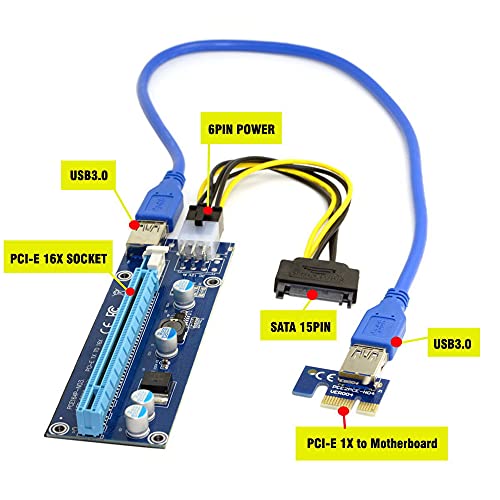 JSER PCI-E 1x a 16x adaptador elevador para máquina minera mejorado con USB 3.0 y cable de alimentación de 6 pines
