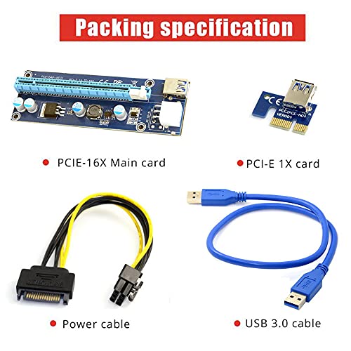 JSER PCI-E 1x a 16x adaptador elevador para máquina minera mejorado con USB 3.0 y cable de alimentación de 6 pines