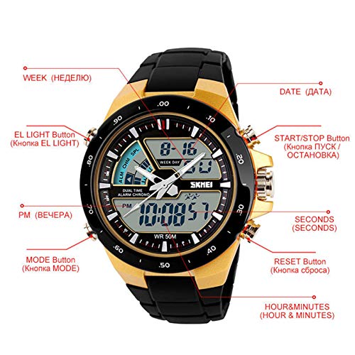 JTTM Hombre Reloj Deportivo Digital con LED Luz De Fondo Grande Cara Resistente Al Agua Militar Relojes Casuales Luminoso Cronómetro Alarma Reloj Simple Militar – Dorado,Gold Black Belt