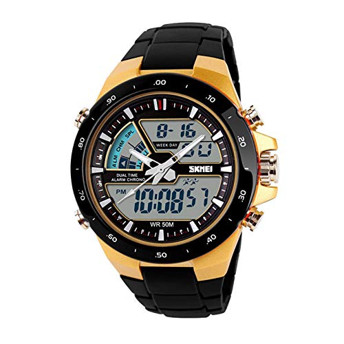 JTTM Hombre Reloj Deportivo Digital con LED Luz De Fondo Grande Cara Resistente Al Agua Militar Relojes Casuales Luminoso Cronómetro Alarma Reloj Simple Militar – Dorado,Gold Black Belt
