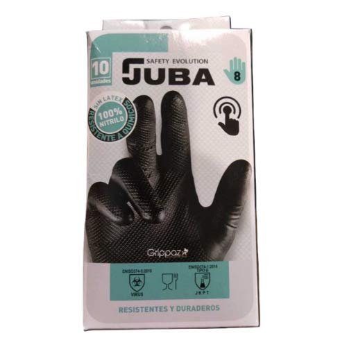 JUBA GUANTES NITRILO TALLA 8 COLOR NEGRO O NARANJA GRIPPAZ - CAJA 10 UDS | GUANTES SIN LATEX DESECHABLES 580NR | Resistentes a químicos | Ambidiestros | Sin Polvo | Escamados
