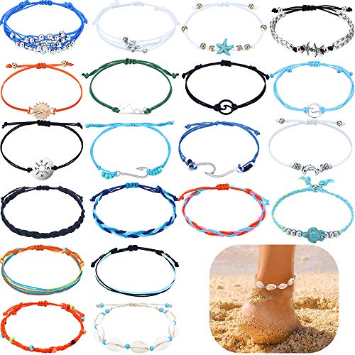 Juego de 20 Piezas Pulsera Tobillera de Tortuga Estrella de Mar Hilo Ondulado Pulsera de Amistad Ajustable Hecha a Mano Pulsera Trenzada Bohemia Artesanal de Playa para Mujer Niña