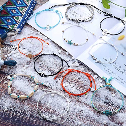 Juego de 20 Piezas Pulsera Tobillera de Tortuga Estrella de Mar Hilo Ondulado Pulsera de Amistad Ajustable Hecha a Mano Pulsera Trenzada Bohemia Artesanal de Playa para Mujer Niña