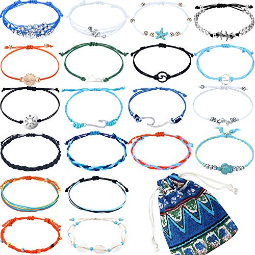 Juego de 20 Piezas Pulsera Tobillera de Tortuga Estrella de Mar Hilo Ondulado Pulsera de Amistad Ajustable Hecha a Mano Pulsera Trenzada Bohemia Artesanal de Playa para Mujer Niña