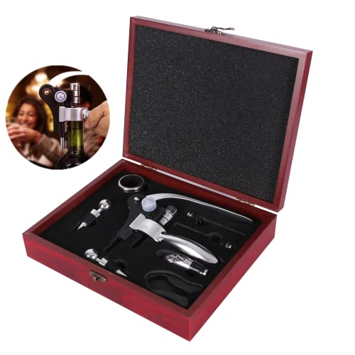 Juego de abridor de vino, sacacorchos de palanca, decantador de vino ,de para botella de vino,anillo de goteo con funda de madera&nbsp