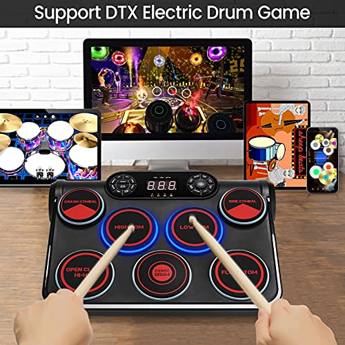 Juego de batería electrónica Batería electrónica portátil con 7 pads de batería sensibles a la velocidad Juego de batería con conexión USB-MIDI Batería DTC electrónico MIDI para principiantes