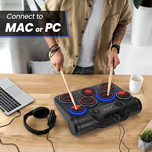 Juego de batería electrónica Batería electrónica portátil con 7 pads de batería sensibles a la velocidad Juego de batería con conexión USB-MIDI Batería DTC electrónico MIDI para principiantes