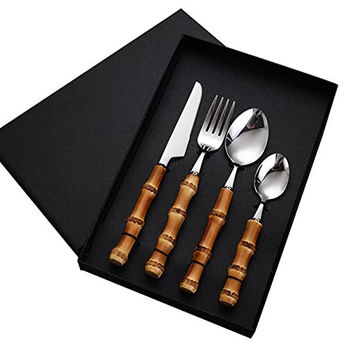 Juego de cubiertos de bambú con mango de bambú, juego de cubiertos, incluye utensilios de cuchillo para uso diario y fiesta, acero inoxidable para 4 juegos, seguro en lavavajillas