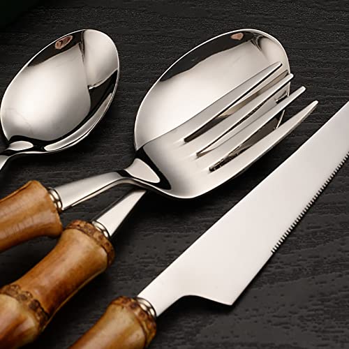 Juego de cubiertos de bambú con mango de bambú, juego de cubiertos, incluye utensilios de cuchillo para uso diario y fiesta, acero inoxidable para 4 juegos, seguro en lavavajillas