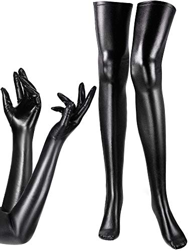 Juego de disfraz de licra elástica para mujer, guantes largos y cálidos, medias altas hasta el muslo, color negro