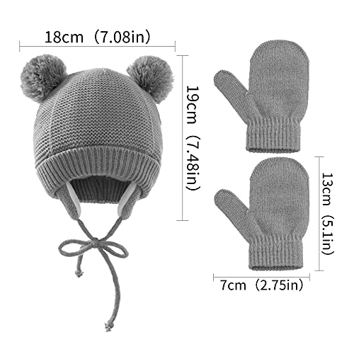 Juego de gorro de invierno para bebé, guantes con pompón, gorro con orejeras y correas para la barbilla, gorro de punto, gorro y guantes para recién nacidos, niñas de 1 a 4 años, gris, Talla única