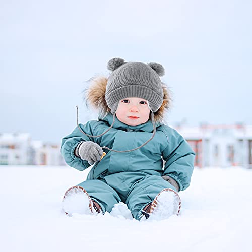 Juego de gorro de invierno para bebé, guantes con pompón, gorro con orejeras y correas para la barbilla, gorro de punto, gorro y guantes para recién nacidos, niñas de 1 a 4 años, gris, Talla única