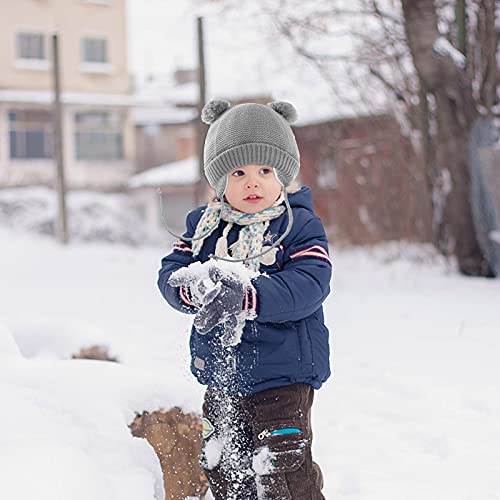 Juego de gorro de invierno para bebé, guantes con pompón, gorro con orejeras y correas para la barbilla, gorro de punto, gorro y guantes para recién nacidos, niñas de 1 a 4 años, gris, Talla única