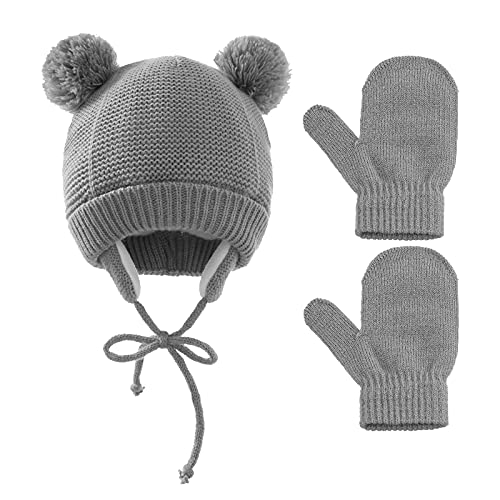 Juego de gorro de invierno para bebé, guantes con pompón, gorro con orejeras y correas para la barbilla, gorro de punto, gorro y guantes para recién nacidos, niñas de 1 a 4 años, gris, Talla única