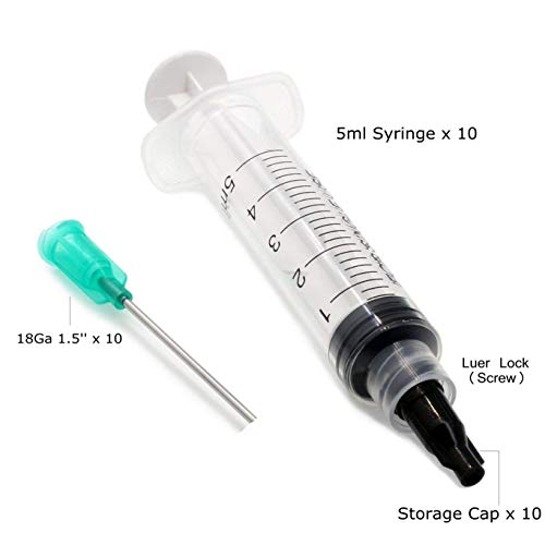 Juego de jeringas 5ml Luer Lock Jeringas 18Ga 1.5 '' Tapas de almacenamiento de aguja de punta roma - Aplicador de pegamento, dispensador de aceite (paquete de 10)