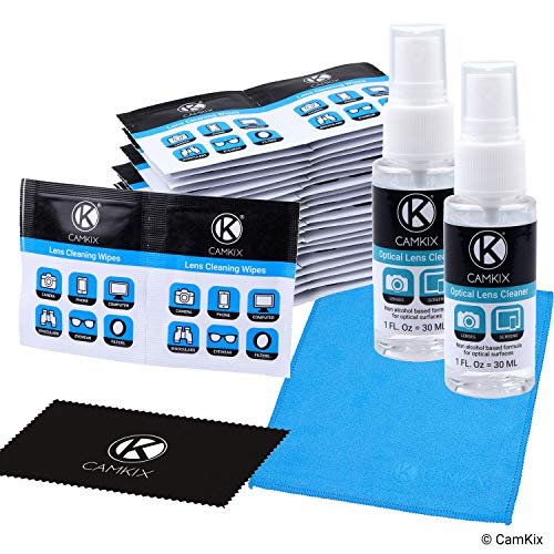 Juego de Limpieza para lentes y pantallas – 2 Botellas de Spray, 2 Paños de Microfibra (tamaño L + S), 50 paños húmedos envueltos individualmente - para anteojos, gafas de sol, lentes de camara