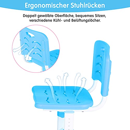 Juego de Mesa de Silla de Escritorio Estudio para Niños, Escritorio Infantil Regulable En Altura Set de Escritorio para Niños Ergonómico con Tablero de Mesa Inclinable para Familia Colegio (Azul)