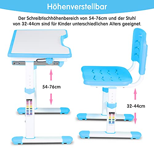Juego de Mesa de Silla de Escritorio Estudio para Niños, Escritorio Infantil Regulable En Altura Set de Escritorio para Niños Ergonómico con Tablero de Mesa Inclinable para Familia Colegio (Azul)