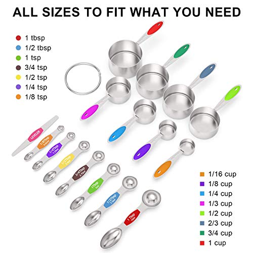 Juego de vasos medidores y cucharas medidoras magnéticas, Wildone de acero inoxidable, 16 piezas, 8 tazas medidoras y 7 cucharas medidoras magnéticas apilables de doble cara y 1 nivelador