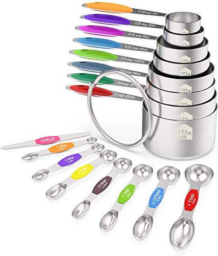 Juego de vasos medidores y cucharas medidoras magnéticas, Wildone de acero inoxidable, 16 piezas, 8 tazas medidoras y 7 cucharas medidoras magnéticas apilables de doble cara y 1 nivelador