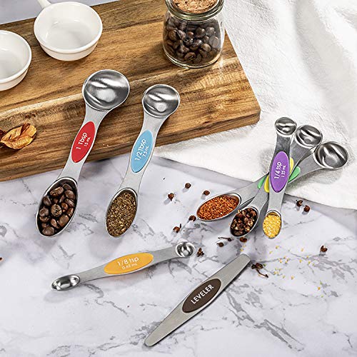 Juegos de Cucharas Medidoras Magnéticas de Acero Inoxidable de Doble Cara Apilable Portátil de Medición de Cucharas Set para Ingredientes Líquidos y Secos, Juego de 7 (Multicolor)