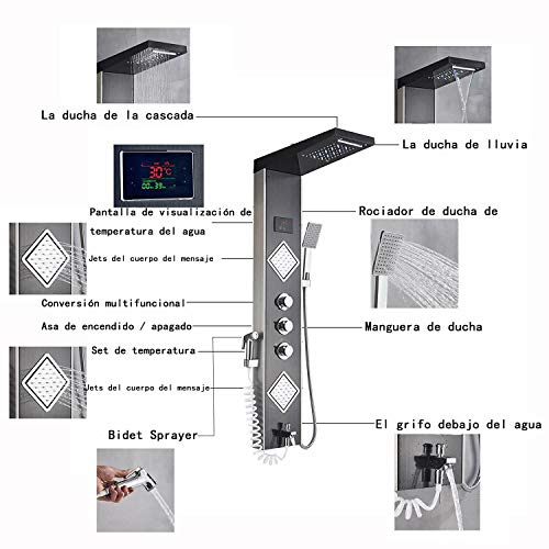 JUNSHENG LED Panel de Ducha,Acero Inoxidable Columna de Hidromasaje Para Baño Con LED Alcachofas + LCD Pantalla de Temperatura + 6 Salida de Agua,Negra Moderna