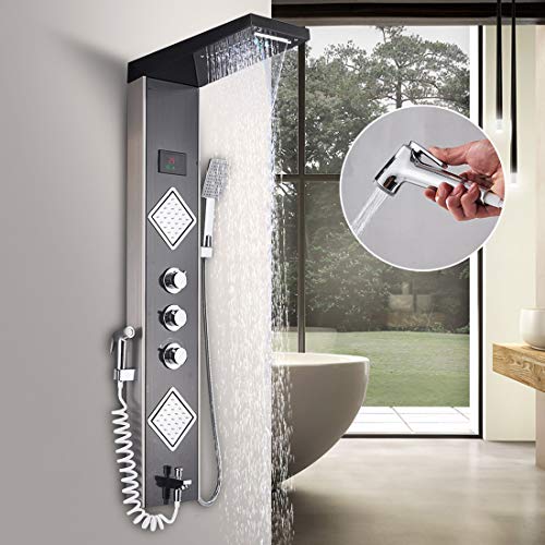 JUNSHENG LED Panel de Ducha,Acero Inoxidable Columna de Hidromasaje Para Baño Con LED Alcachofas + LCD Pantalla de Temperatura + 6 Salida de Agua,Negra Moderna