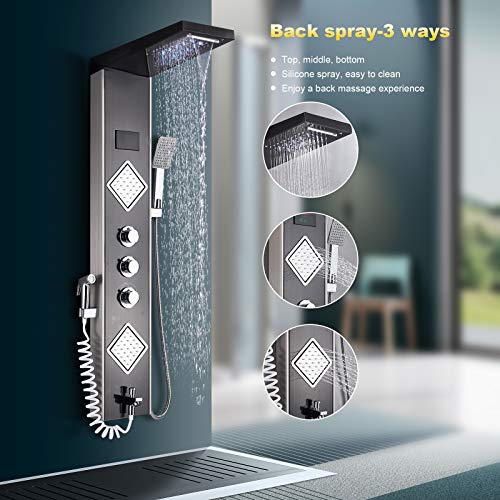 JUNSHENG LED Panel de Ducha,Acero Inoxidable Columna de Hidromasaje Para Baño Con LED Alcachofas + LCD Pantalla de Temperatura + 6 Salida de Agua,Negra Moderna