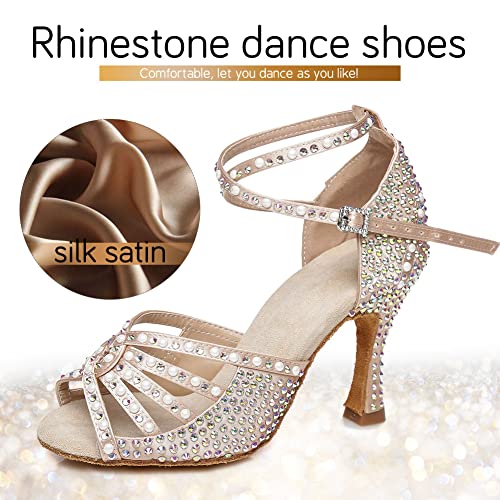 JUODVMP Zapatos Baile Latino Mujer Diamante de Imitación Zapatos Salsa Tango Mujer Model VE-YCL430-7.5,Desnudo,37.5EU