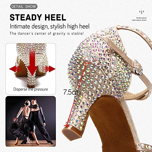 JUODVMP Zapatos Baile Latino Mujer Diamante de Imitación Zapatos Salsa Tango Mujer Model VE-YCL430-7.5,Desnudo,37.5EU