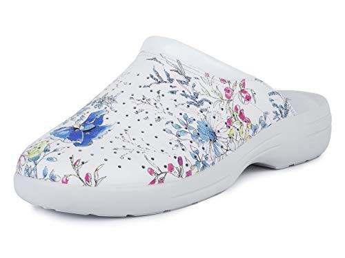 Jürgen Hirsch Zuecos para mujer de piel suave 04, suela antideslizante, con plantilla de espuma suave, ideal también para profesionales de la salud, color Azul, talla 39 EU