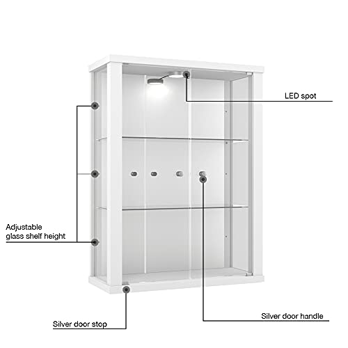 K-Möbel Vitrina de Vidrio en Blanco (80x60x25 cm) con 2 estantes de Vidrio de Altura Ajustable Hechos de Vidrio de Seguridad Templado, LED y Espejo; Iluminado coleccionistas