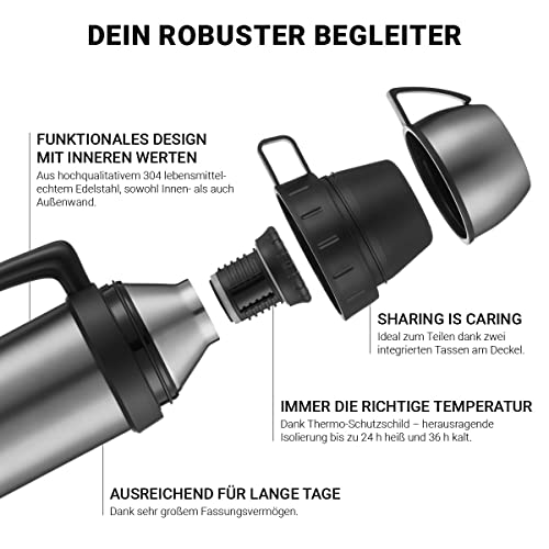 Kaave Acero Inoxidable Termo “bigBoy” – 1000ml | Botella de Aislado al vacío Termo con Dos Tazas Bebidas Calientes como café y té | Libre de BPA | Doble Pared