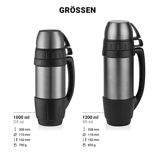 Kaave Acero Inoxidable Termo “bigBoy” – 1000ml | Botella de Aislado al vacío Termo con Dos Tazas Bebidas Calientes como café y té | Libre de BPA | Doble Pared