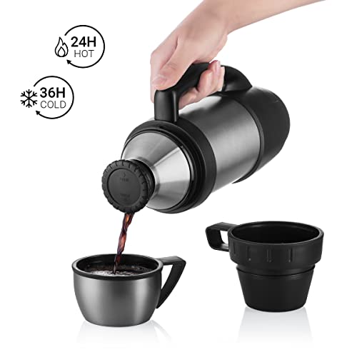 Kaave Acero Inoxidable Termo “bigBoy” – 1000ml | Botella de Aislado al vacío Termo con Dos Tazas Bebidas Calientes como café y té | Libre de BPA | Doble Pared
