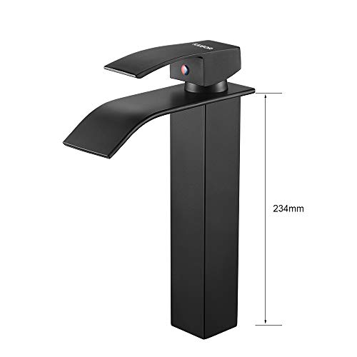 KAIBOR Grifo Lavabo Cascada Alto, Grifo de Lavabo Baño, Grifo Monomando Negro, Mezclador de Lavabo con Válvula de Cerámica, Grifo de Estilo Moderno y Poco Ruidoso
