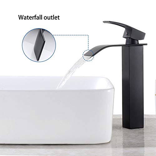 KAIBOR Grifo Lavabo Cascada Alto, Grifo de Lavabo Baño, Grifo Monomando Negro, Mezclador de Lavabo con Válvula de Cerámica, Grifo de Estilo Moderno y Poco Ruidoso