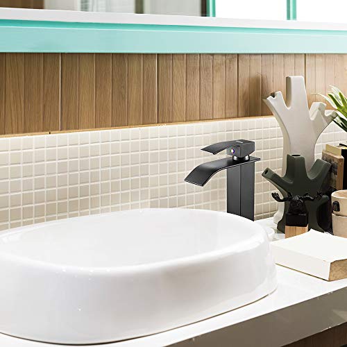 KAIBOR Grifo Lavabo Cascada Alto, Grifo de Lavabo Baño, Grifo Monomando Negro, Mezclador de Lavabo con Válvula de Cerámica, Grifo de Estilo Moderno y Poco Ruidoso