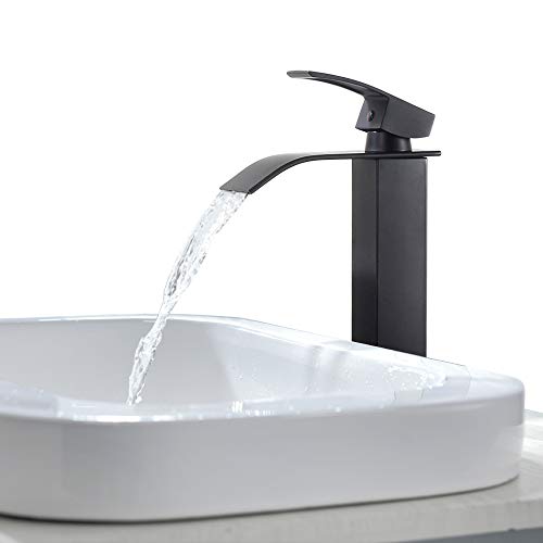 KAIBOR Grifo Lavabo Cascada Alto, Grifo de Lavabo Baño, Grifo Monomando Negro, Mezclador de Lavabo con Válvula de Cerámica, Grifo de Estilo Moderno y Poco Ruidoso