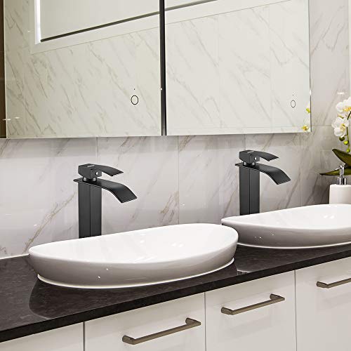 KAIBOR Grifo Lavabo Cascada Alto, Grifo de Lavabo Baño, Grifo Monomando Negro, Mezclador de Lavabo con Válvula de Cerámica, Grifo de Estilo Moderno y Poco Ruidoso