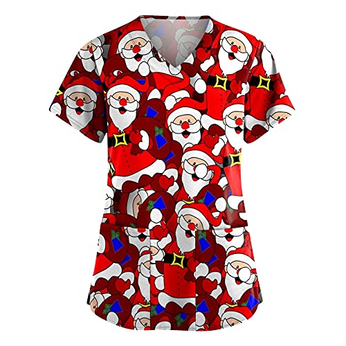 Kasacks - Camiseta de manga corta para mujer con diseño de Navidad, con bolsillos, cuello en V, ropa de trabajo, uniforme de enfermería, A01 rojo., S