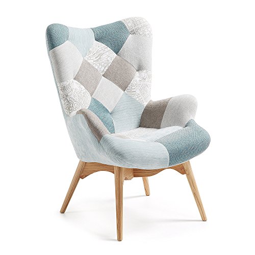 Kave Home - Butaca Kody Azul Patchwork con reposabrazos y Patas de Madera Maciza de Haya Natural