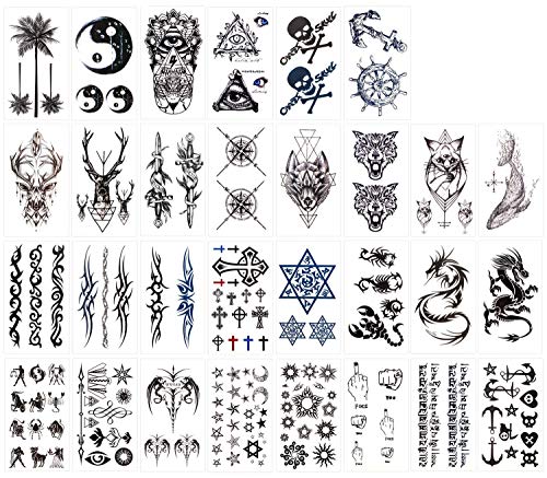 Keleily Tatuajes Temporales Adultos 30 Hojas Tatuajes Falsos Temporales para Brazos, Piernas, Cara, Escorpión, Cabeza de Lobo, Dragón, Cabeza de Calavera, Espada, Tribu