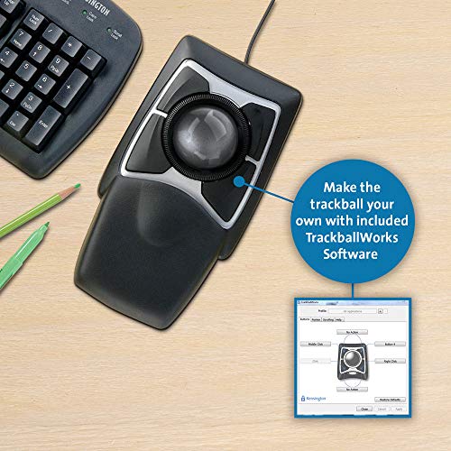 Kensinton 64325 Ratón Expert, Ratón con Cable y Trackball Compacto y Ergonómico, para Mac y Windows, con Anillo de Desplazamiento, Diseño Ambidiestro y Seguimiento Óptico, Gris