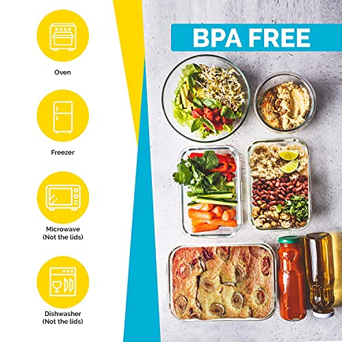 KICHLY Recipientes de cristal para alimentos - 18 pieza (9 envase, 9 Transparente tapa) Hermético Tapers cristal - Apto para lavavajilla, microondas, congelador - Aprobado por la FDA y FSC - Sin BPA
