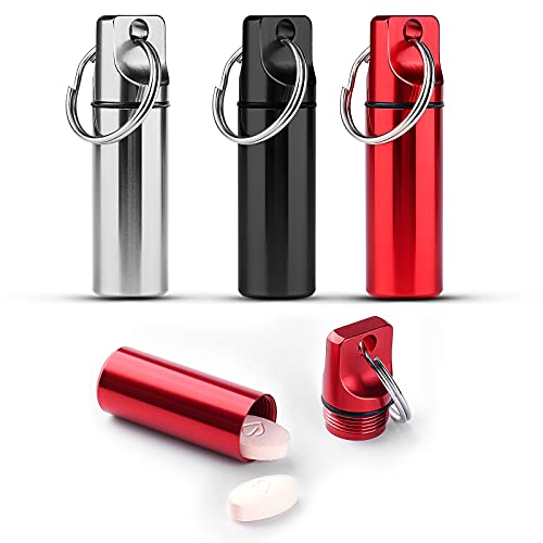 KINBOM 3 Piezas 6cm Pastillero Llavero, Pastillero de Bolsillo Diario Metalico Pastillero Llavero Portátil Pequeño para Viajes al Aire Libre, Camping, Senderismo (Rojo, Negro, Plateado)