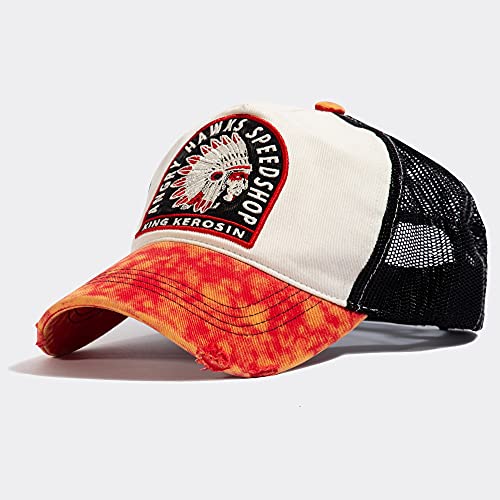 King Kerosin Speedshop - Gorra de camión para hombre con bordado de malla, aspecto usado de Angry Hawks, blanco roto, Talla única