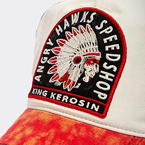 King Kerosin Speedshop - Gorra de camión para hombre con bordado de malla, aspecto usado de Angry Hawks, blanco roto, Talla única